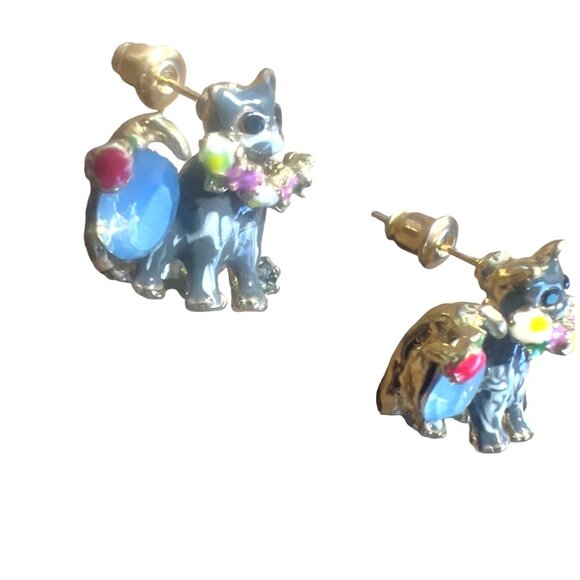 Cat Themed Earrings Enamel Crystal Stud Blue Flowers Cute Catlovers - Picture 4 of 6